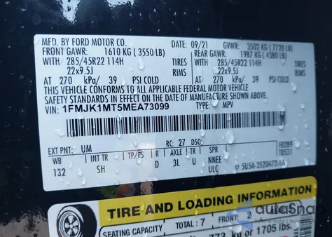 2021 Ford Expedition Platinum Max z USA, uszkodzony, nr VIN 1FMJK1MT5MEA73099